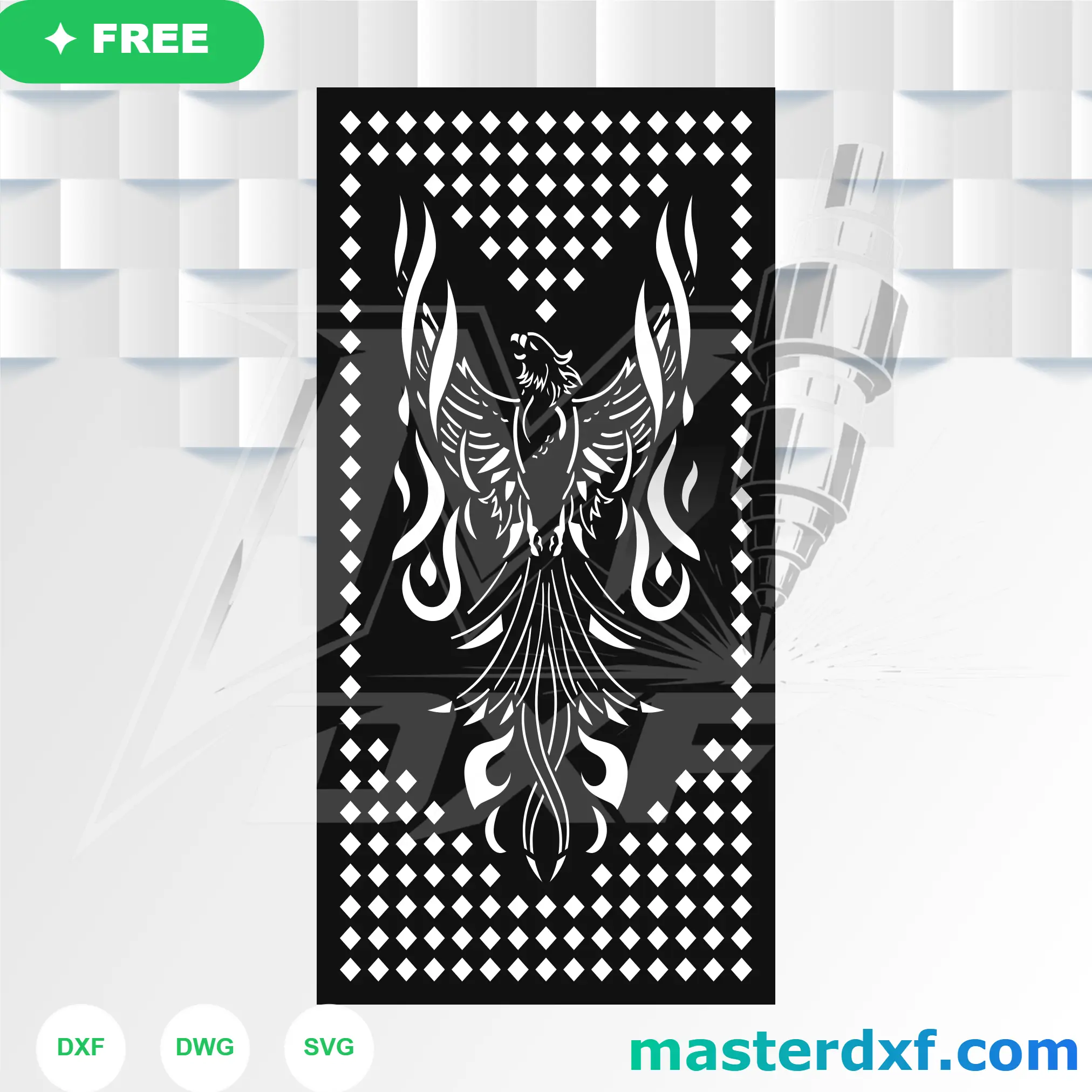 Rising Phoenix Silhouette Diagonal Diamond Matrix Panel DXF File